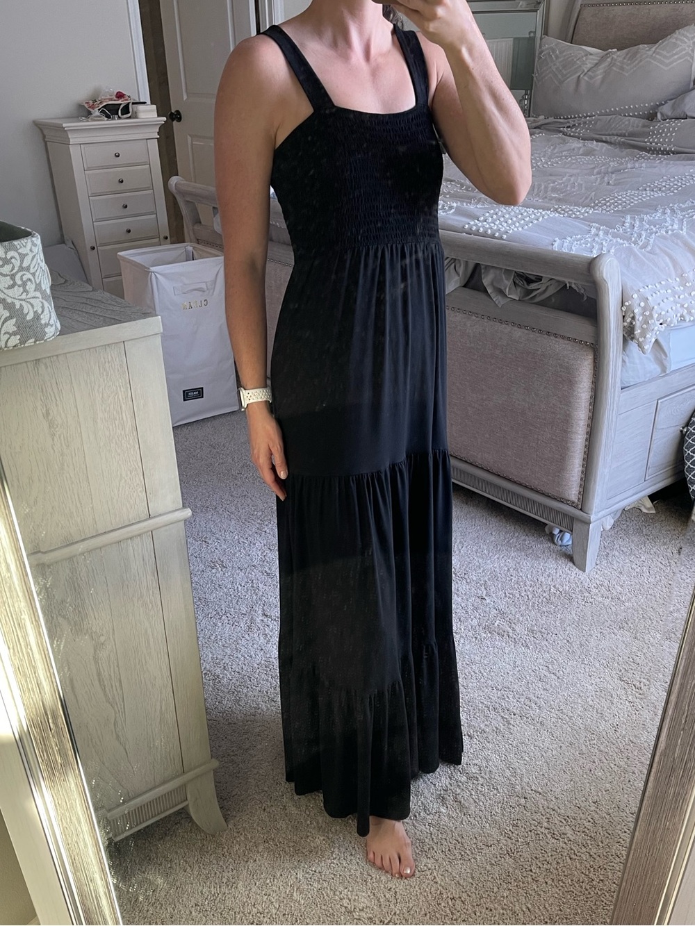 LOFT Black Smocked Tiered Maxi Dress with Wide Straps